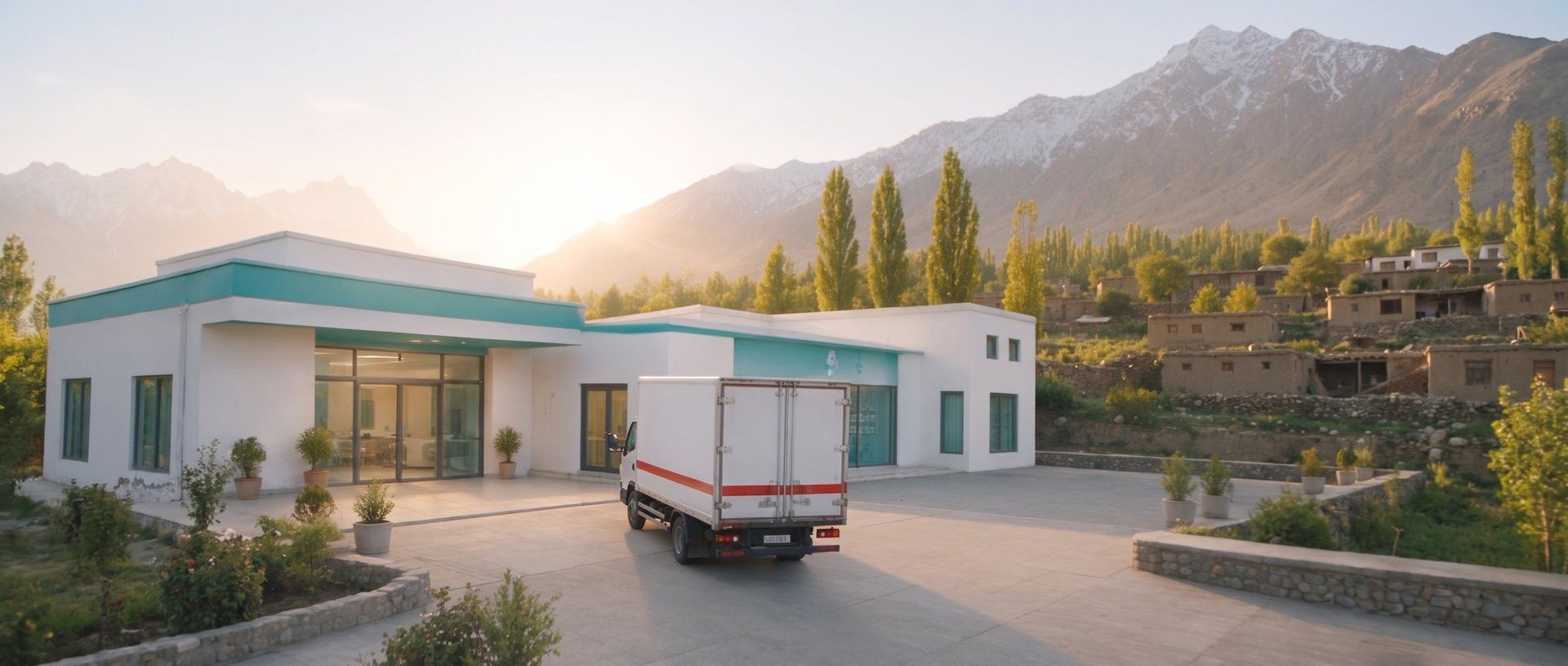 A delivery truck arriving at a clinic in a mountain valley in Afghanistan